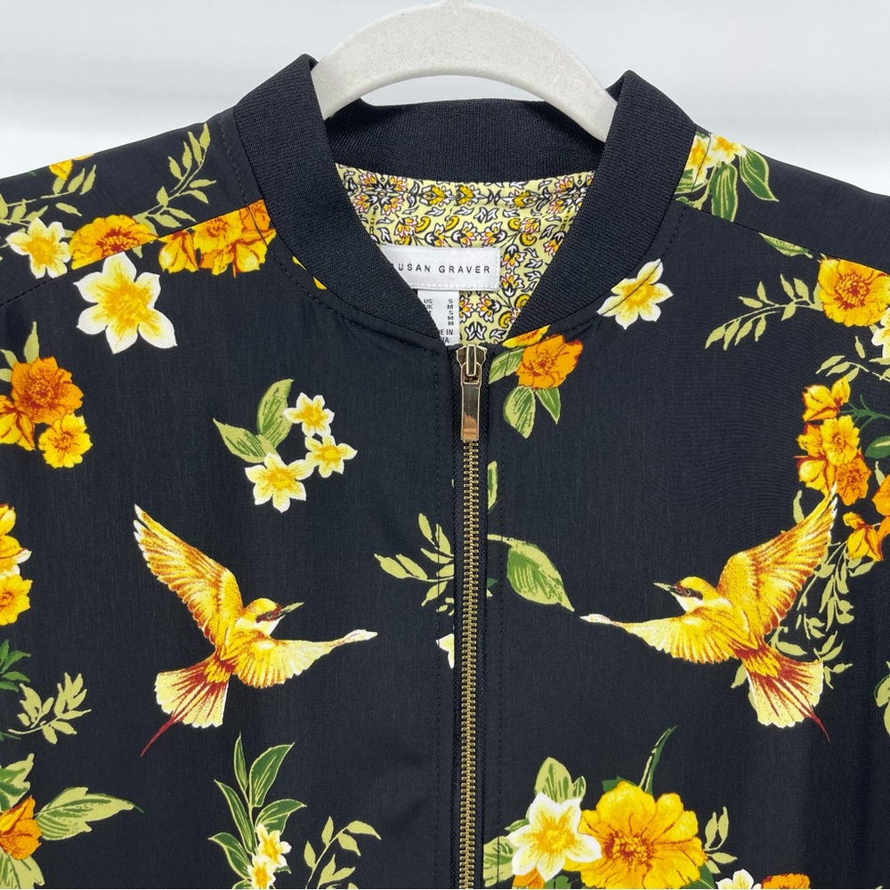 Susan Graver Bird Floral Print Bomber Jacket in Black/Yellow, Women's Small - Picture 3 of 8
